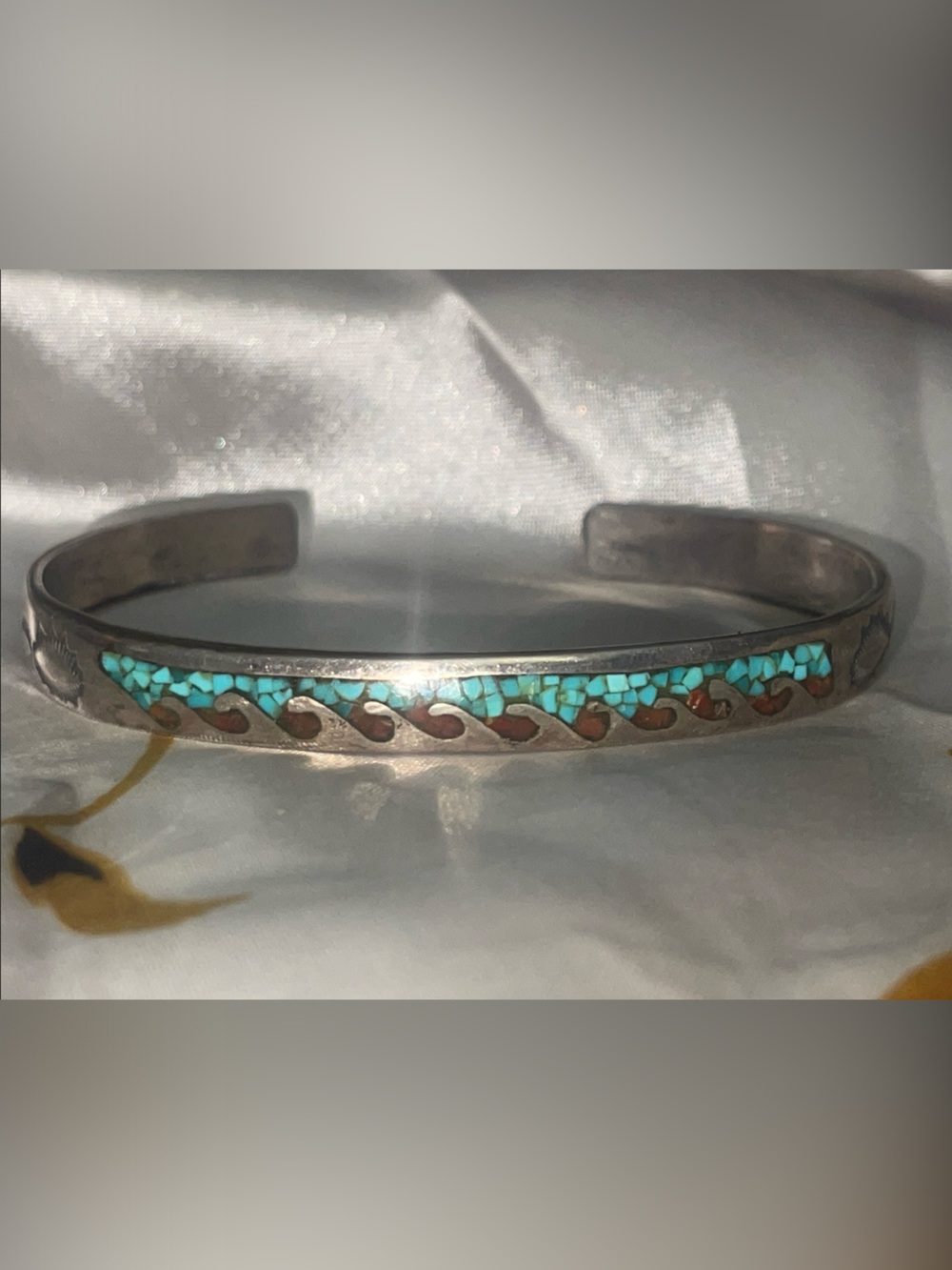 Turquoise & Coral Inlay Sterling Silver signed Cuff Bracelet - Blue